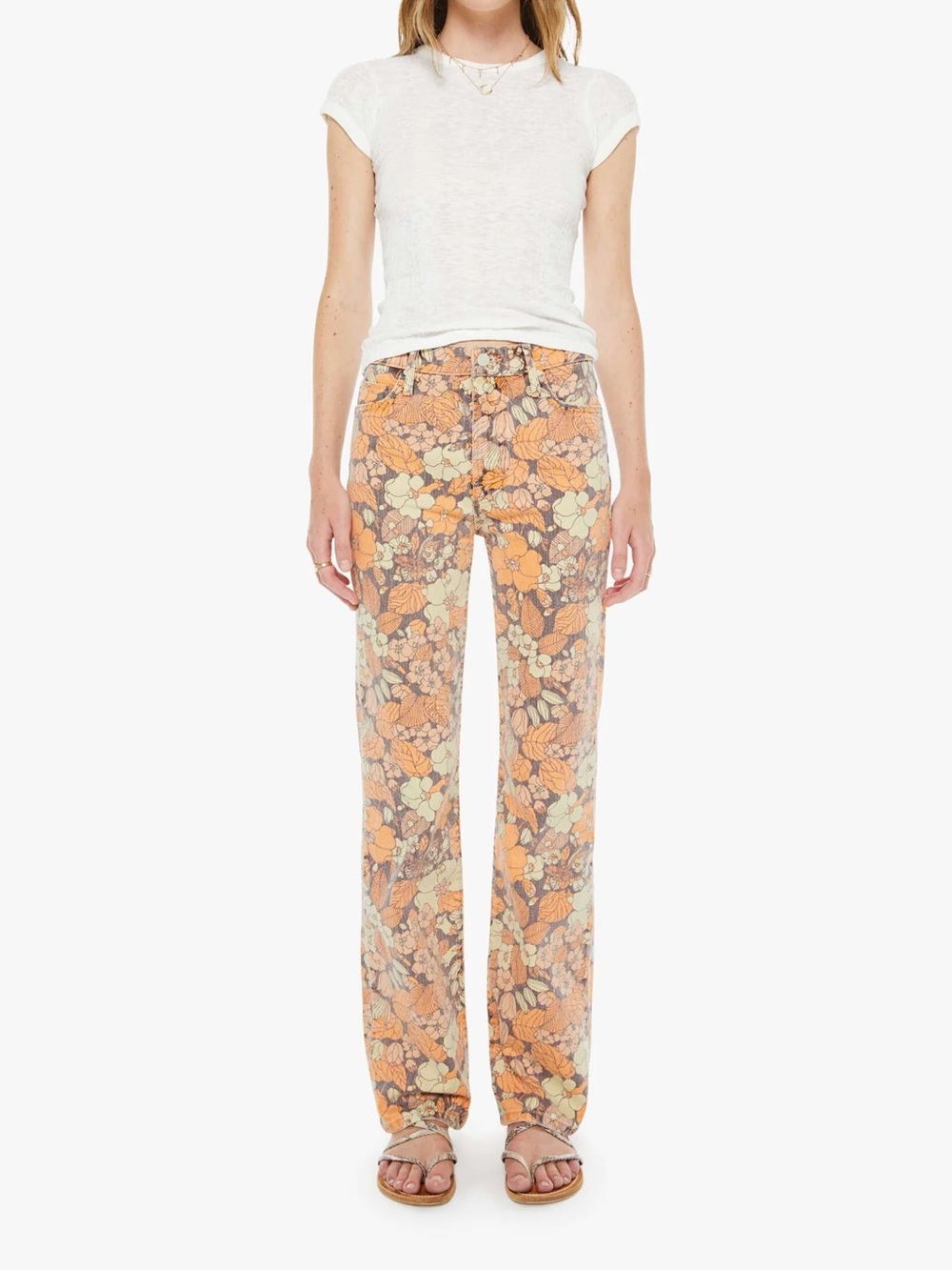Mother Kick It Orange Blossom Jeans Size 27 High Rise Straight Floral Hippie